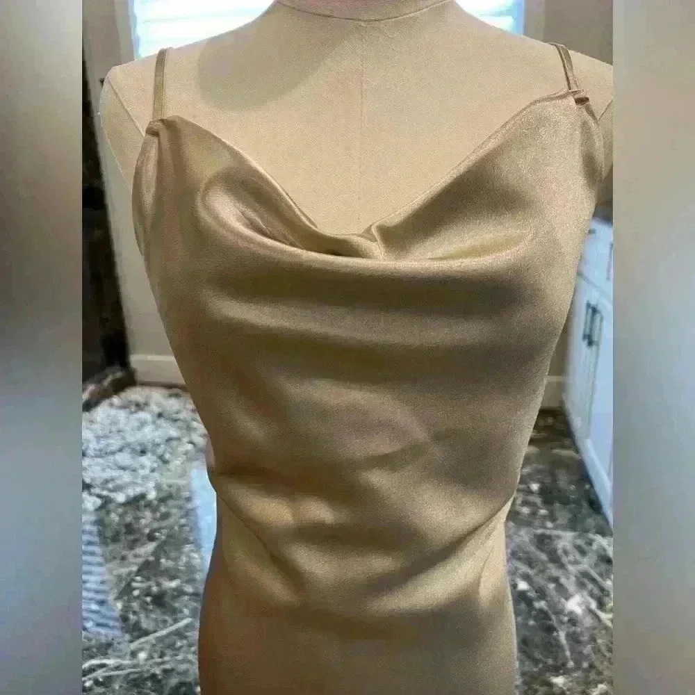 Birdy Grey Champagne Metallic Drape Neck Shiny Satin Dress-Size Small - Picture 3 of 7
